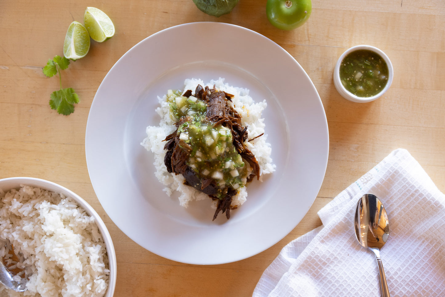Grass-Fed Barbacoa with Tomatillo Salsa and Rice