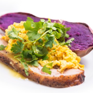 Smoked Pork Belly and Eggs with Organic Purple Sweet Potato